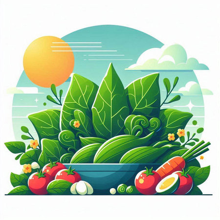 Vegetables in a bowl on a background of nature. Vector illustration.のイラスト素材