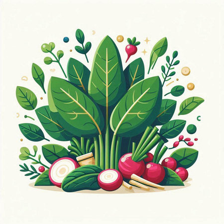 Vector illustration of a bunch of radishes and spinach with leaves.のイラスト素材