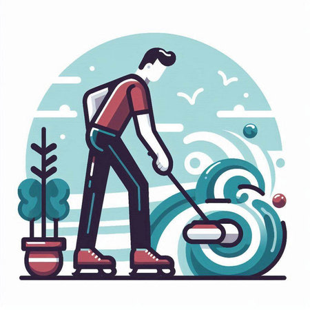 Gardener mopping the lawn with a mop. Vector illustration.のイラスト素材