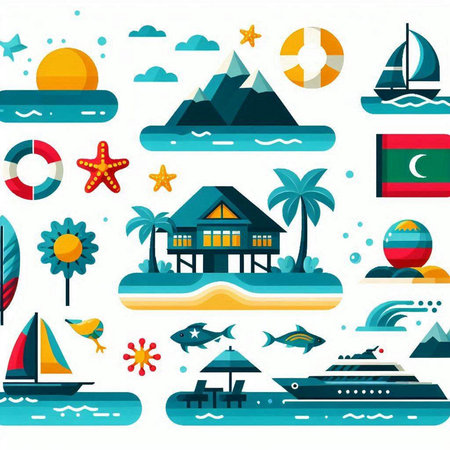 Set of sea icons in flat style. Travel and vacation. Vector illustrationのイラスト素材