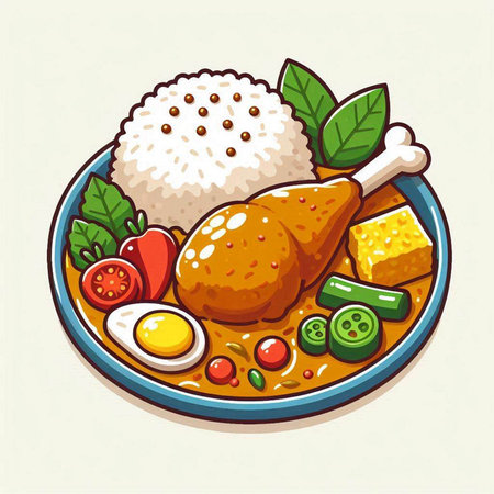 Illustration of a bowl of chicken soup with rice, egg and vegetablesのイラスト素材