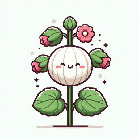 Cute white onion cartoon character with flower. Vector Illustration.のイラスト素材