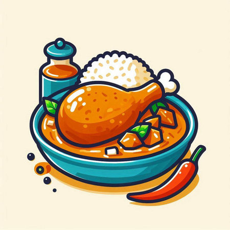 Illustration of chicken with rice in a bowl. Vector illustration.のイラスト素材