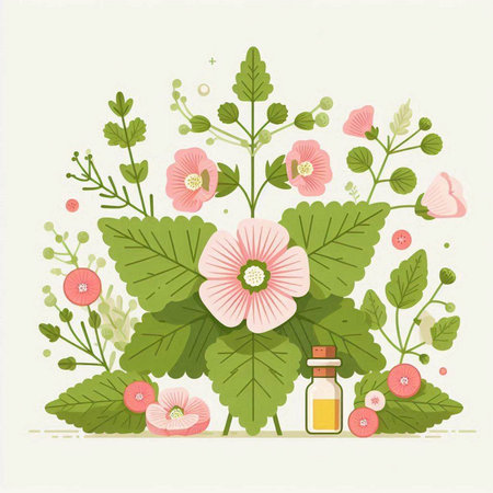 Flower background with herbs and bottle of essential oil. Vector illustration.のイラスト素材