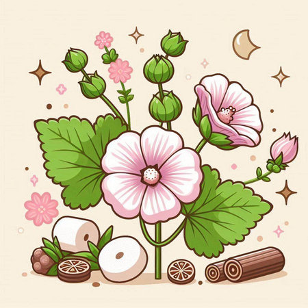 Illustration of a mallow flower, cinnamon sticks and cloves.のイラスト素材