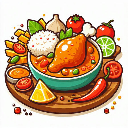Illustration of a bowl of chicken curry with rice and vegetables.のイラスト素材