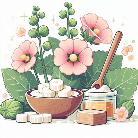 Himalayan salt and mallow flowers with wooden spoon. Vector illustration.のイラスト素材