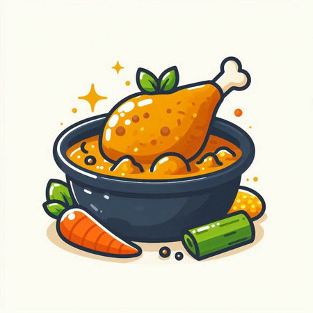 Vector illustration of a bowl of chicken soup with carrot and potato chipsのイラスト素材