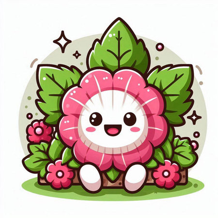 Cute pink flower cartoon character with flowers and leaves. Vector illustration.のイラスト素材
