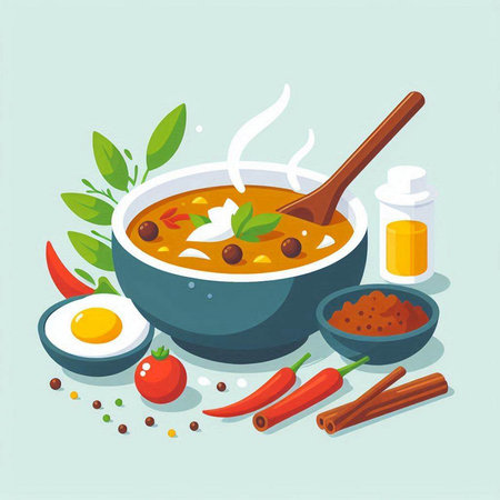 Thai soup with vegetables and spices. Vector illustration in cartoon styleのイラスト素材