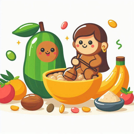 Healthy eating concept. Cute cartoon girl eating oatmeal with fruits and vegetables. Vector illustrationのイラスト素材