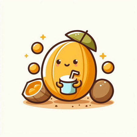 Cute cartoon melon character with a cup of coffee. Vector illustrationのイラスト素材