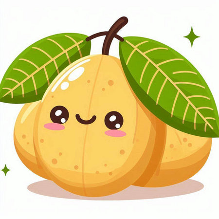 Illustration of a Cute Cartoon Guava Fruit with Green Leavesのイラスト素材