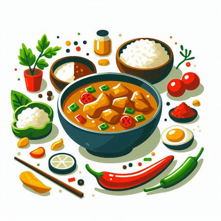 Vector illustration of Indian curry in bowl with rice, vegetables, herbs and spices.のイラスト素材