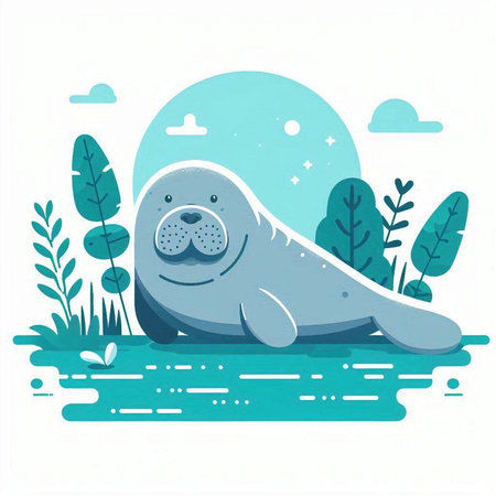 Cute seal on the background of nature. Vector illustration in flat style.のイラスト素材