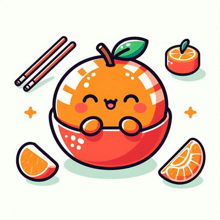 Cute cartoon orange fruit character with chopsticks. Vector illustration.のイラスト素材
