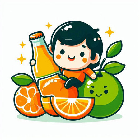 Cute boy with a bottle of juice and fruit. Vector illustration.のイラスト素材