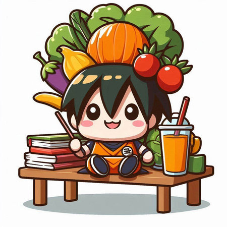 Girl sitting on a bench with vegetables and juice cartoon vector illustration.のイラスト素材