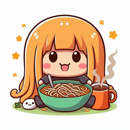 Cute little girl with a bowl of noodle. Vector illustration.のイラスト素材
