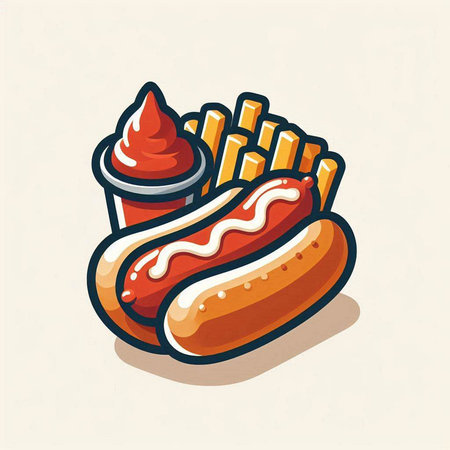 Hot dog, french fries and ketchup vector illustration. Fast food icon.のイラスト素材