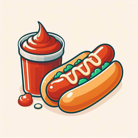 Hot dog with ketchup and mustard. Fast food vector illustration.のイラスト素材