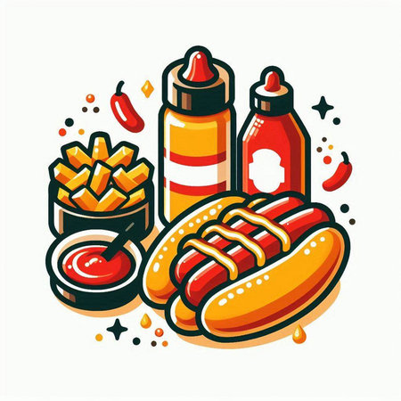 Hot dog with mustard, ketchup and mayonnaise. Vector illustrationのイラスト素材