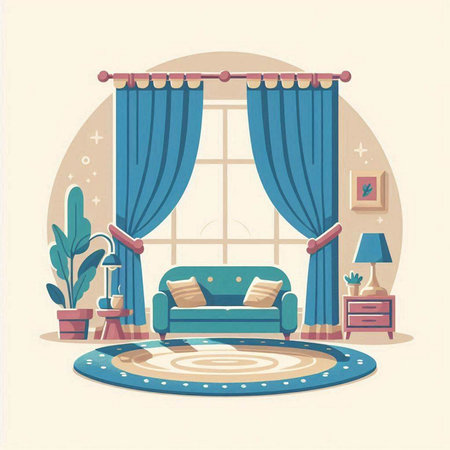 Living room interior with blue curtains and sofa. Flat vector illustration.のイラスト素材