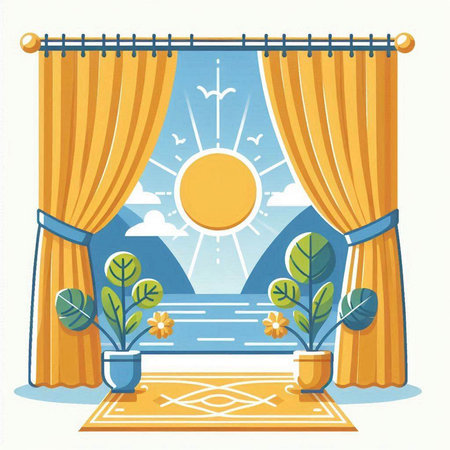 Window with curtains, sun and flowers. Vector illustration in flat styleのイラスト素材