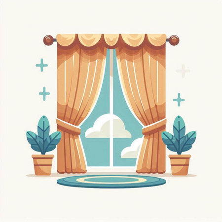 Curtains and potted plants in a room. Vector illustrationのイラスト素材