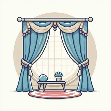 Curtains with a table in the interior. Vector illustration.のイラスト素材