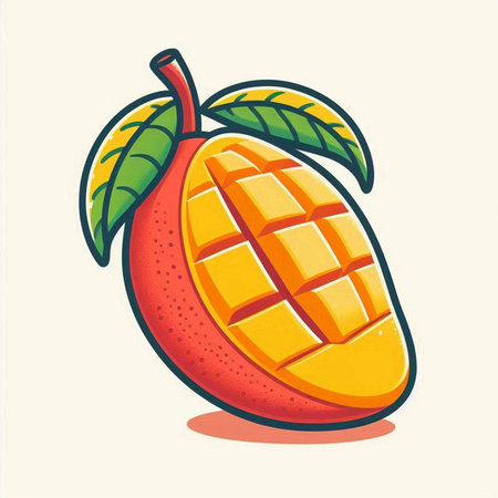 Mango fruit with leaves. Vector illustration in a flat style.のイラスト素材