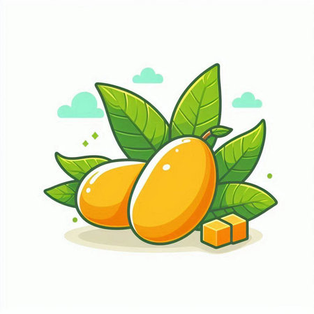 Mango fruit with leaves isolated on white background. Vector illustration.のイラスト素材