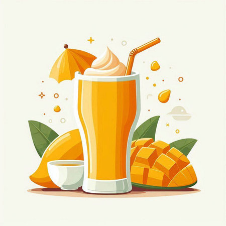 Mango smoothie in a glass. Vector illustration on white background.のイラスト素材