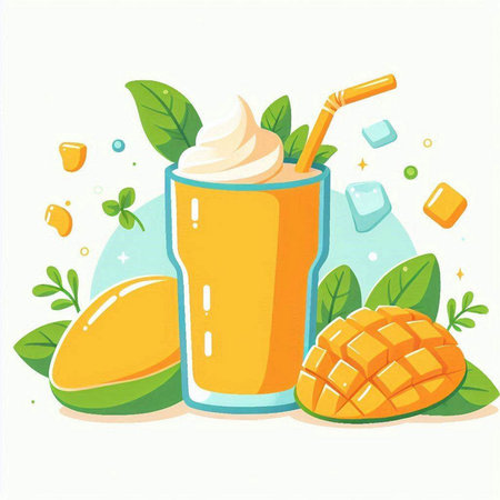 Mango smoothie with ice cubes and mango slices. Vector illustration.のイラスト素材