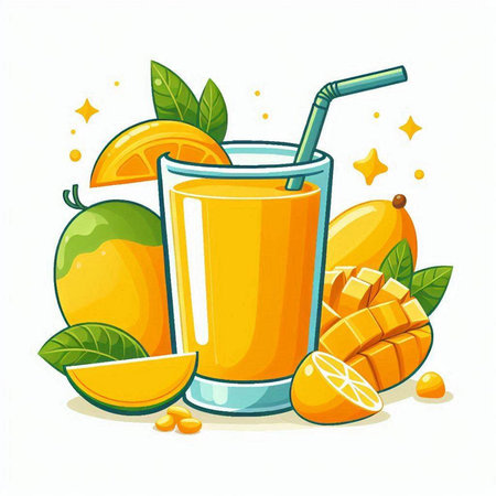 Orange juice in a glass with a straw and fresh fruits on a white backgroundのイラスト素材