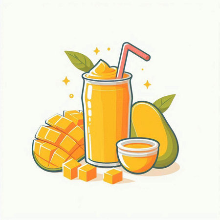 Mango smoothie vector illustration. Mango smoothie in a glass with a straw, pieces of mango and cubes.のイラスト素材