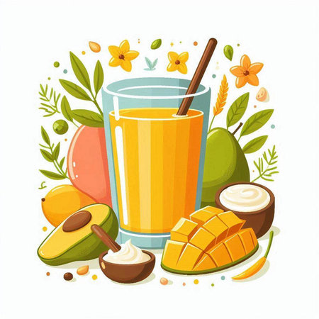 Mango smoothie in a glass with ingredients. Vector illustration.のイラスト素材