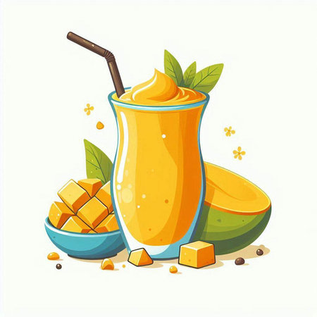 Mango smoothie in a glass with a straw. Vector illustration.のイラスト素材