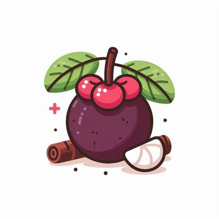 Mangosteen fruit with leaves and cinnamon sticks. Vector illustration.のイラスト素材