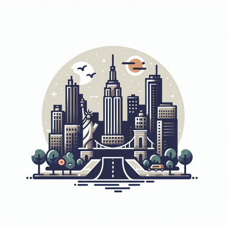 Vector illustration of New York City in flat style. Skyscrapers, buildings, street, bridge and birds.のイラスト素材
