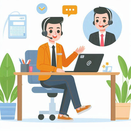 Businessman working on laptop in office. Vector illustration in cartoon style.のイラスト素材
