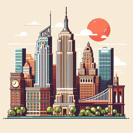 New York city skyline with skyscrapers. Vector illustration in flat styleのイラスト素材