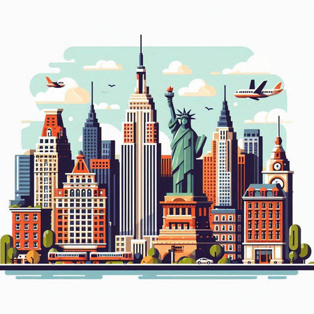 New York City skyline with buildings and skyscrapers. Vector illustration.のイラスト素材