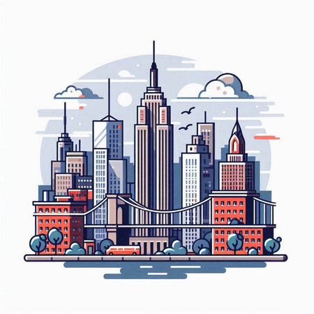 New York city skyline with skyscrapers and bridge. Modern flat vector illustration.のイラスト素材