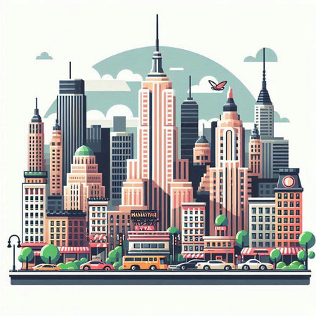 Cityscape of Chicago. Vector illustration in flat style. USA.のイラスト素材