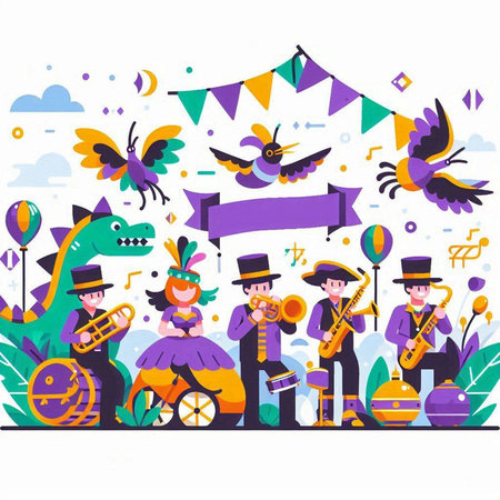 Mardi Gras carnival vector illustration in flat style. Funny people in carnival costumes and masks playing different music instruments.のイラスト素材