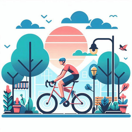 Cyclist riding a bicycle in the park. Vector illustration.のイラスト素材