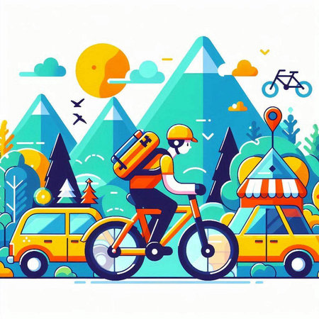Vector illustration of a man riding a bicycle through the mountains. Flat style.のイラスト素材