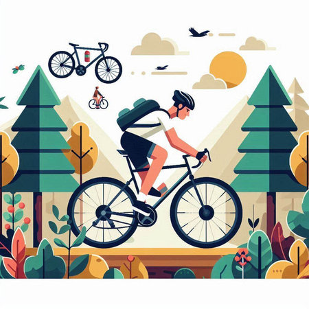 Cyclist riding a bicycle in the forest. Flat vector illustration.のイラスト素材