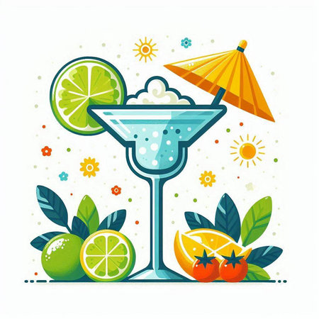 Cocktail with lime, orange, lemon and umbrella. Vector illustration.のイラスト素材
